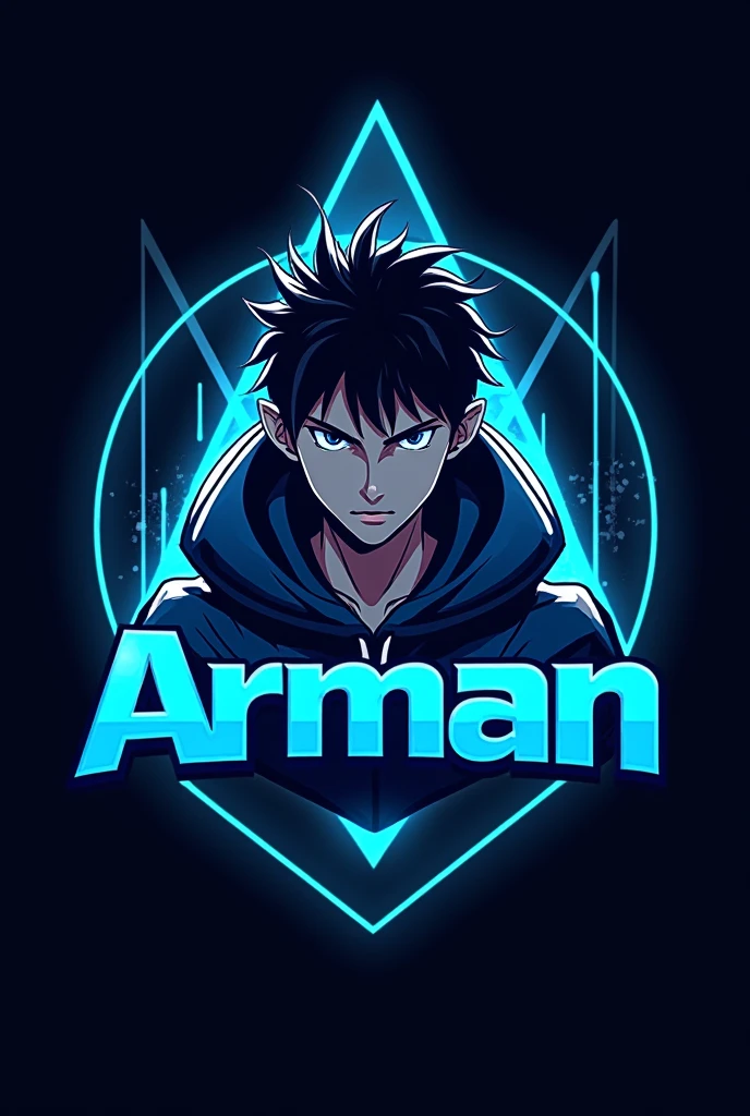 This is a gaming logo that features the name "ARMAN" in a futuristic font and a neon blue color. and Boy Anime