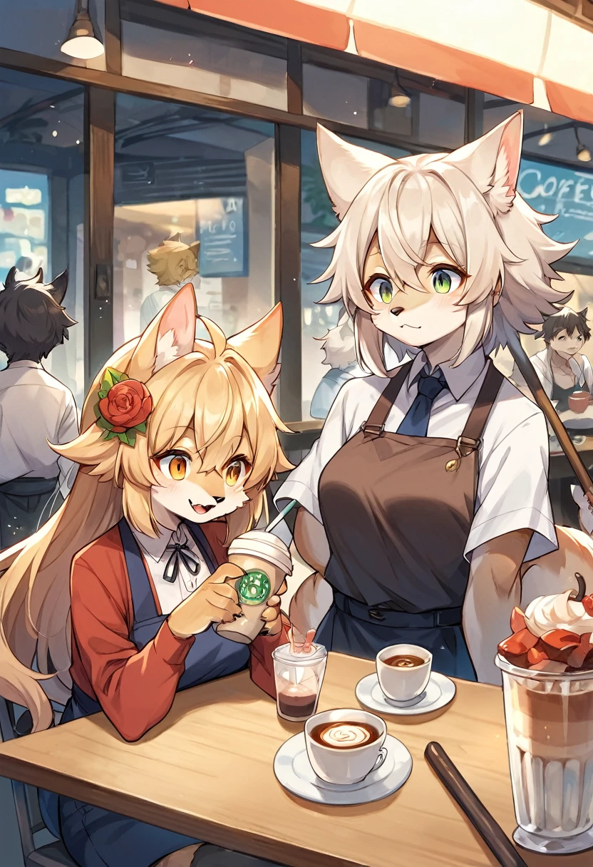 rating_safe, score_9, score_8_up, score_7_up, score_6_up, score_5_up, score_4_up, hires, source_furry(kemono, boy, girl)cafe Terrace, drink, coffee, staff,