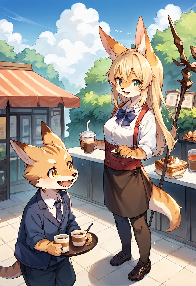 rating_safe, score_9, score_8_up, score_7_up, score_6_up, score_5_up, score_4_up, hires, source_furry(kemono, boy, girl)cafe Terrace, drink, coffee, staff,