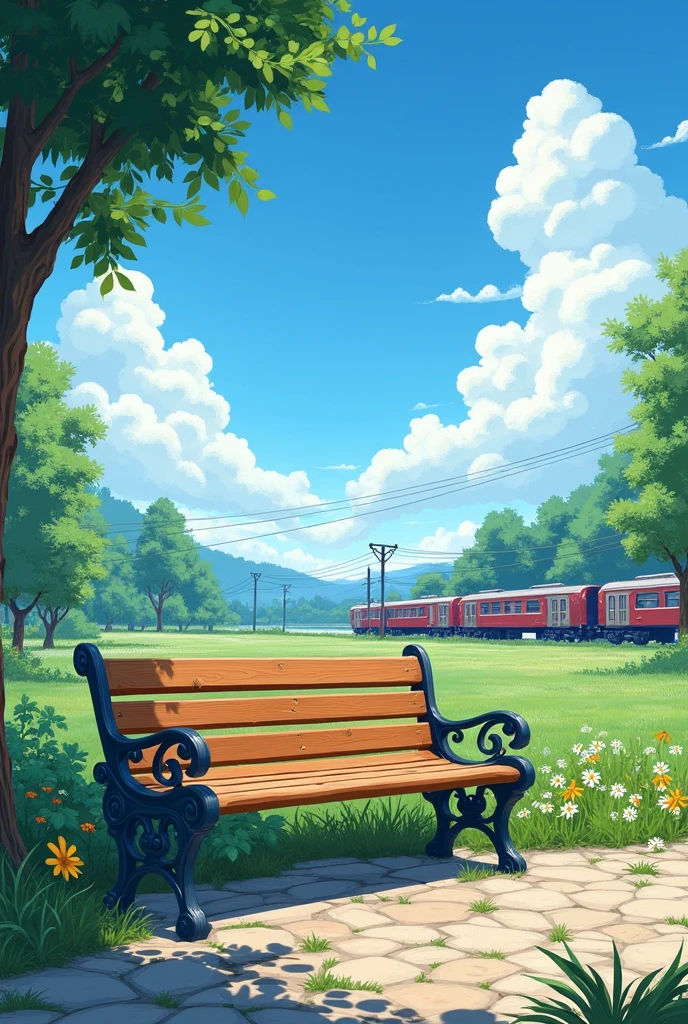 blue sky,bench,Breeze,summer,Local train,, 4k hd,, Beautiful Art UHD 4K, Beautiful artwork illustration, Beautiful digital painting, Highly detailed digital painting, Beautiful digital art, Detailed painting 4k, Highly detailed digital painting, Rich, picturesque colors, Gorgeous digital painting, not human
