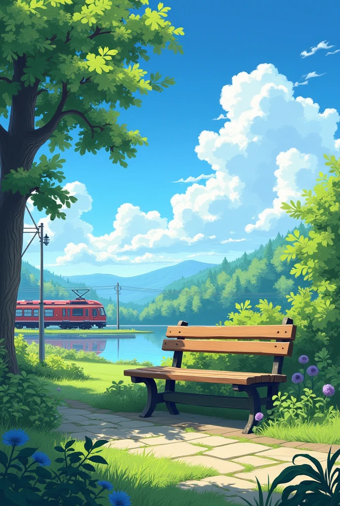 blue sky,bench,Breeze,summer,Local train,, 4k hd,, Beautiful Art UHD 4K, Beautiful artwork illustration, Beautiful digital painting, Highly detailed digital painting, Beautiful digital art, Detailed painting 4k, Highly detailed digital painting, Rich, picturesque colors, Gorgeous digital painting, not human