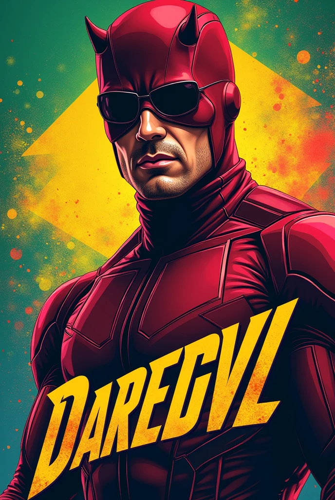 Create a poster of Daredevil with glasses without the mask with Brazilian colors, add the title Gege
