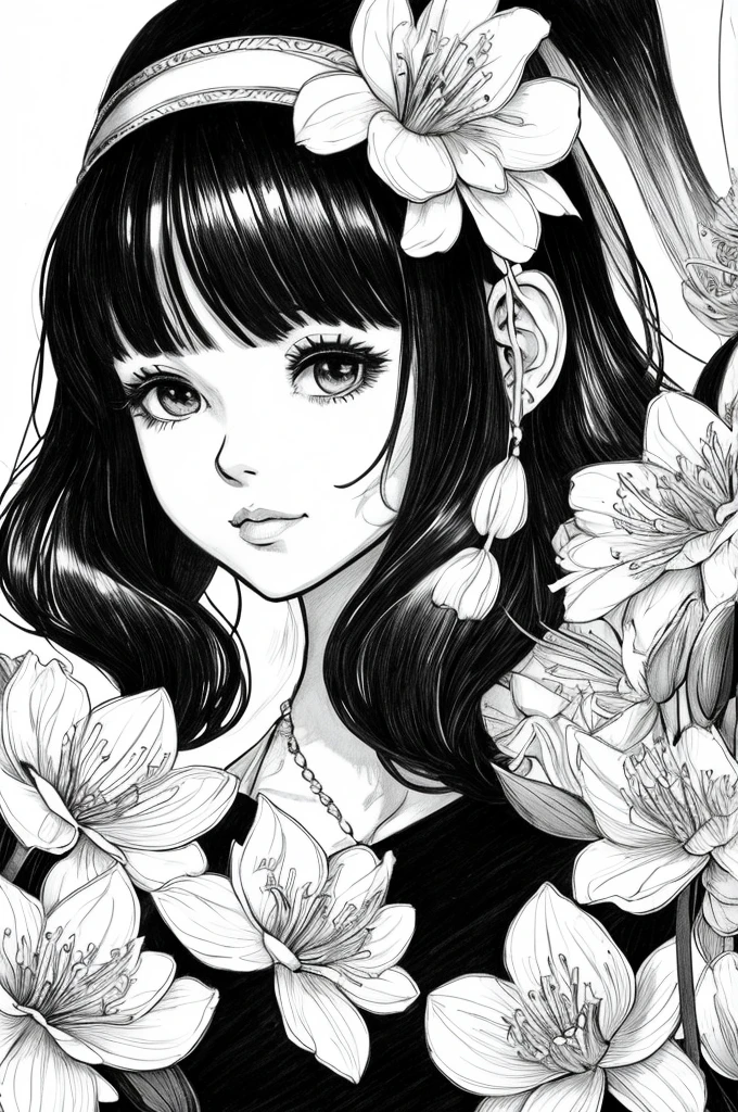 Black and white stick figure 1 with river lily flowers in the background, girl in floral dress, its fine ink line drawing, comic style, portrait of a polynesian girl, hollywood glamour, beautiful line drawing, black and white comic style, manga style, manga art style, pencil and ink portrait, black and white coloring