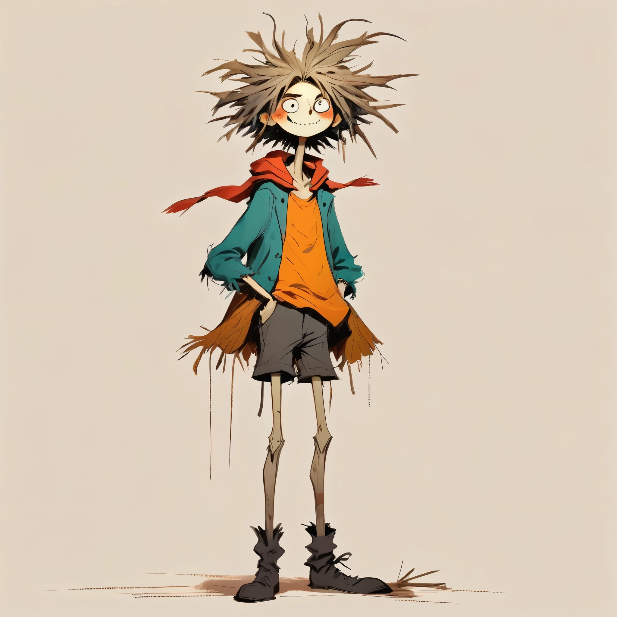 (((Exaggerated digital character sketches:1.37))).(1 scarecrow,(Exaggeration,Exaggerated hairstyle),Messy Hair),(Black sketch lines,Draw the outline with gentle strokes,Manga style. Bright colors and simple lines, sketch)。(Exaggerated body movements,Long legs),(Dichotomous composition)