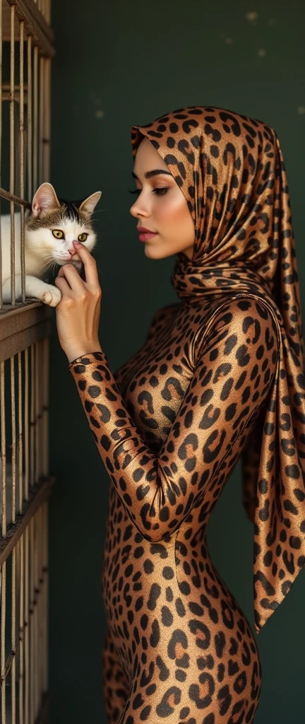 The most beautiful,thin,most pretty and clever Asian muslimah adult girl wears leopard print lycra turtleneck unitard catsuit covered with stripes.She always wear leopard print lycra dancewear stretchy square hijab covered with many stripes.She sits on the bed and hugs a cute little cat.