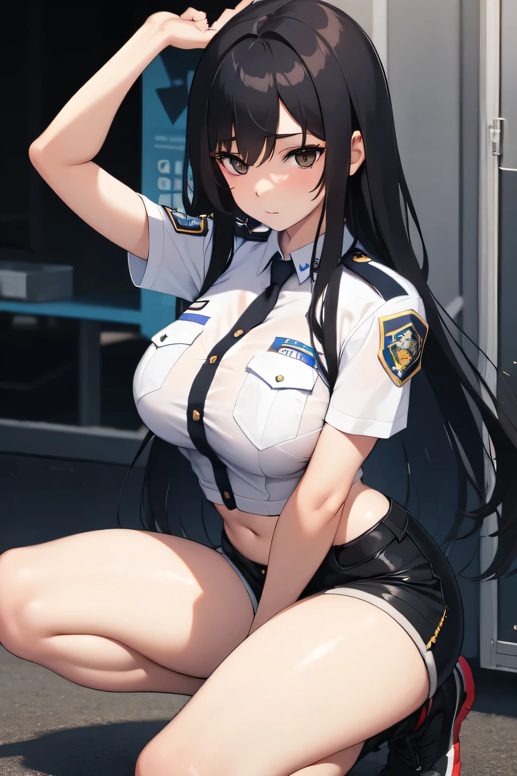 The girl, with long black hair and black eyes, was wearing an open police uniform and shorts, and was striking a seductive pose.
