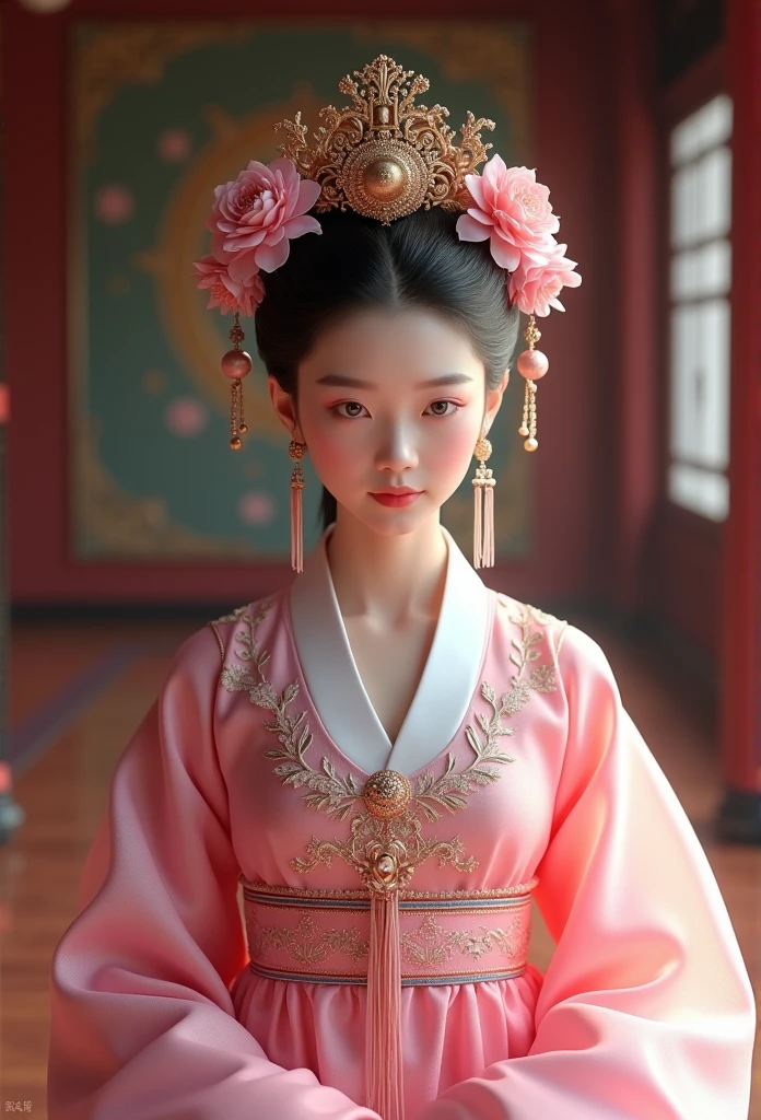 a beautiful young korean woman wearing a pink hanbok dress with a floral headpiece, inspired by Lan Ying, trending in CG Society, photorealistic, korean traditional costume, palace interior, princess of the ancient korean dynasty, beautiful ethereal empress, royalty, white, looking down