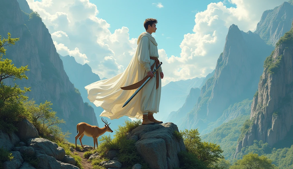 A young man standing on a mountain with a sword hanging over his waist and behind him are animals and many plants and he is wearing a white robe.