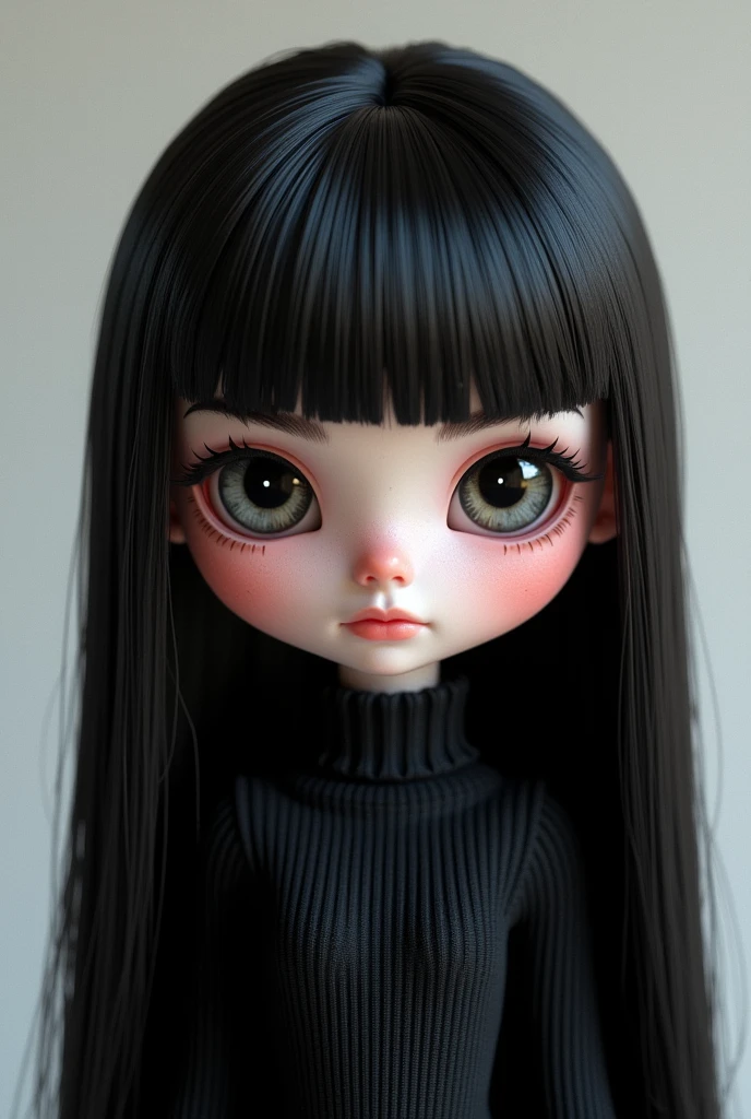 You can create an image of a byte doll with straight black hair, king, not so big eyes black hair and wide nose?