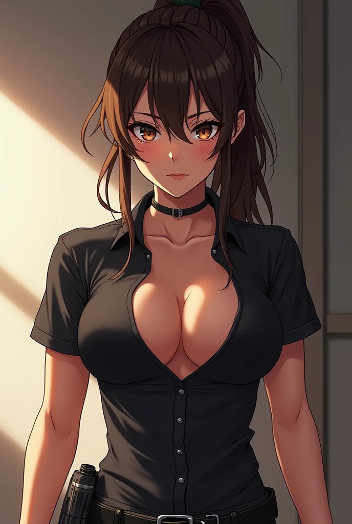 masterpiece, highest quality, High resolution, One Girl, Hamriz, ponytail, Brown eyes,big , Black Shirt, Tight shirt, holster, Short sleeve, belt, Covered navel, Blue pants,indoor、Upper body close-up、Muscular body、blush、Sweat、Composition from the front、anime、(((Close-up of a person、大きなおっぱい、Both armpits exposed、Sweat、Look forward)))โชว์นม