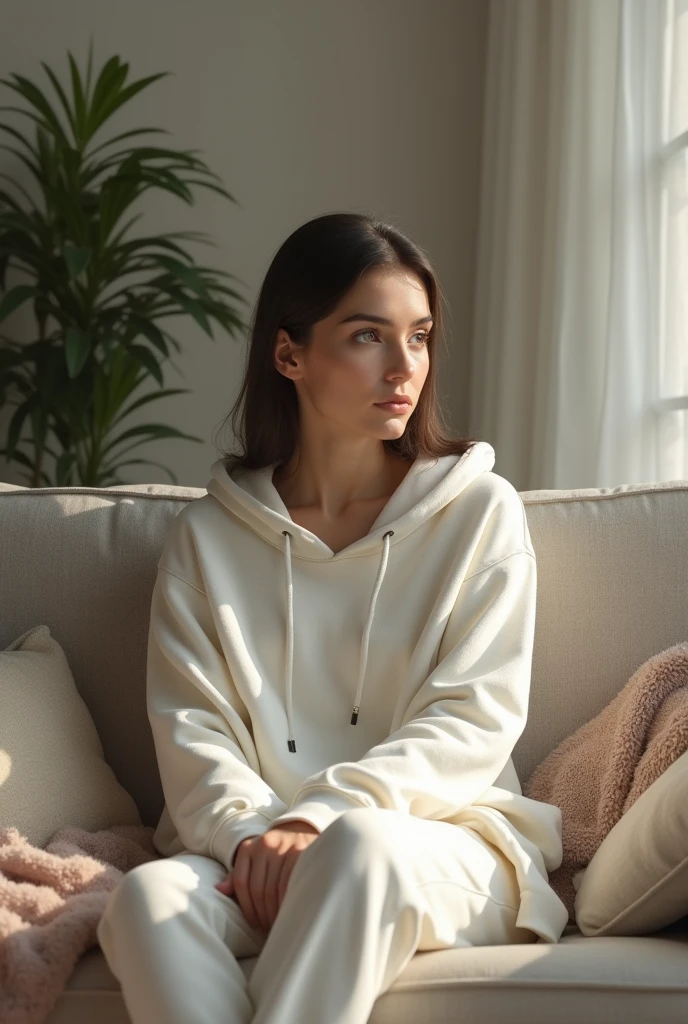 A woman who set on the sofa and wear white hoodie another pose