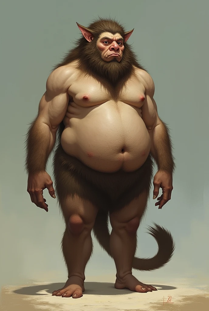 A man with lots of hair, robust and with a small eye on the chin, without clothes showing his open tail