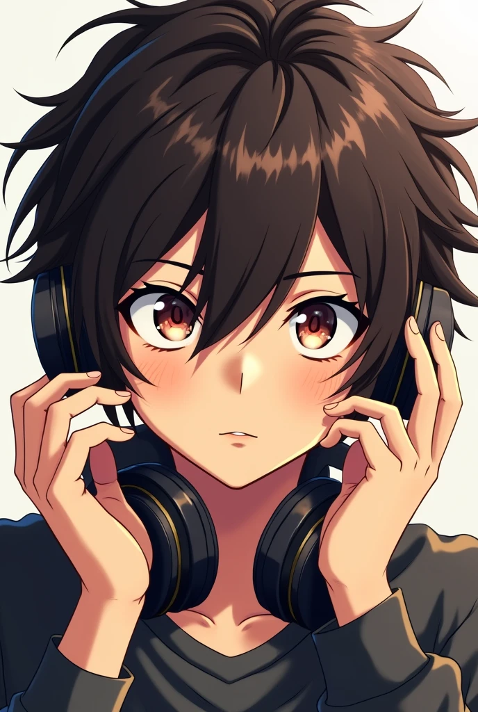 Anime boy with dark brown hair with headphones looking at the camera with his hands sample