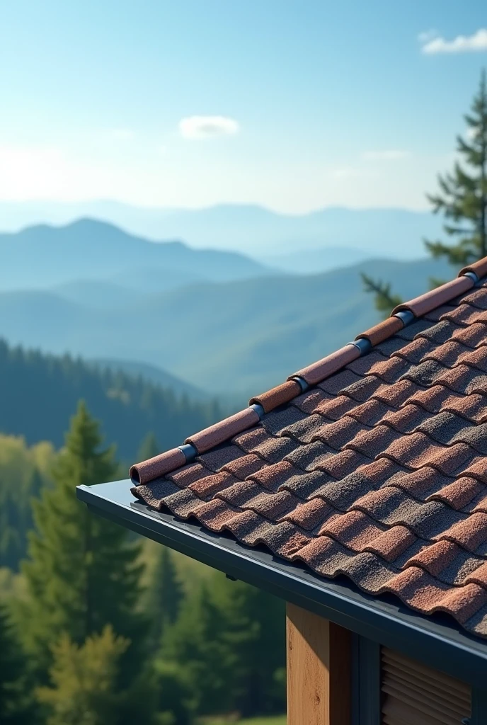 Create an image for a flyer for a roofing company with a part of the roof and a nice view without people on it and without writing ￼
