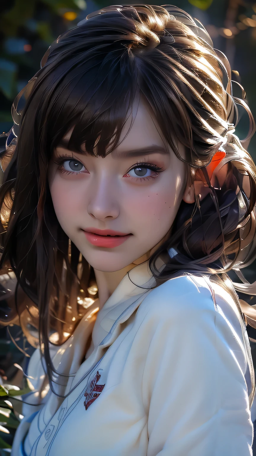 (Very delicate and beautiful), 1 person, Robber Girl, bangs, Cute eyes, bow, Brown Hair, Mouth closed, landscape, Hair between the eyes, hair bow, Long sleeve, Looking at the audience, Medium Hair, alone, Short school uniform, ((alone)), (masterpiece), blonde、さまざまな動きのPause、With a smile、mini skirt、Mini shirt、uniform、 Detailed face､Detailed body､Detailed eyes, masterpiece, 最high quality, high quality, High resolution、((Face close-up))､Face close-up､((Pause＿random)), at night forest.