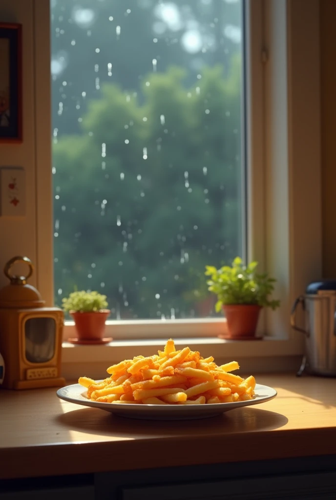 A plate of crispy fries on the counter with the rain still falling outside and Tom & Jerry playing in the background