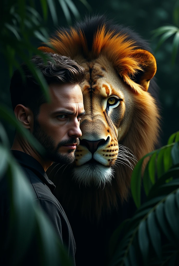 a man's face towards the palm tree on one side, a lion's face towards the palm tree on the other side, highly detailed, 8k, photorealistic, dramatic lighting, cinematic, epic, moody, dramatic shadows, vivid colors, masterpiece, stunning composition, intricate details, hyperrealistic, hyper detailed, extremely realistic, flawless, sharp focus, award winning photo
