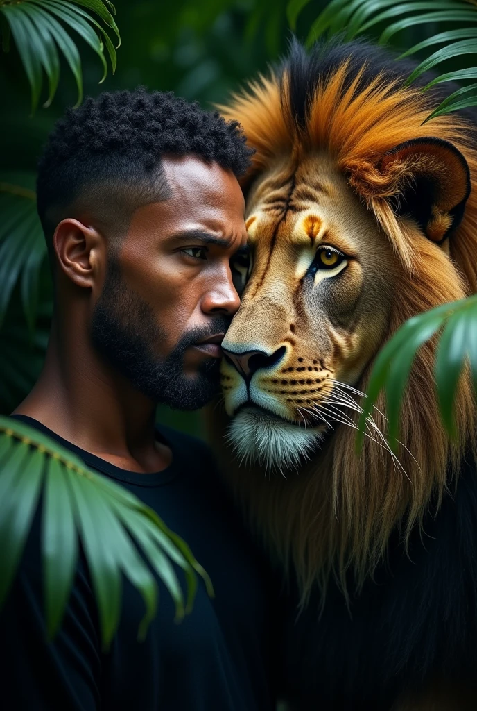 Profile picture of the angry lion head in front of a human