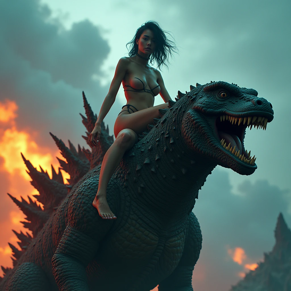 A beautiful busty French fashion model rides on the monster Godzilla、At a powerful angle、Dynamically、A closer shot、She is looking seductively at the camera、Godzilla is looking at us, blowing radioactivity from his mouth.、Canon Eos 24mm, In detail、4K, 8k,