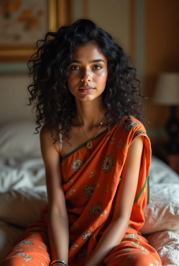 Beautiful girl with dark curly hear and 2 and black beautiful eyes with brown colour skin and wearing beautiful saree and she is sitting on bed and with beautiful background room realistic picture make