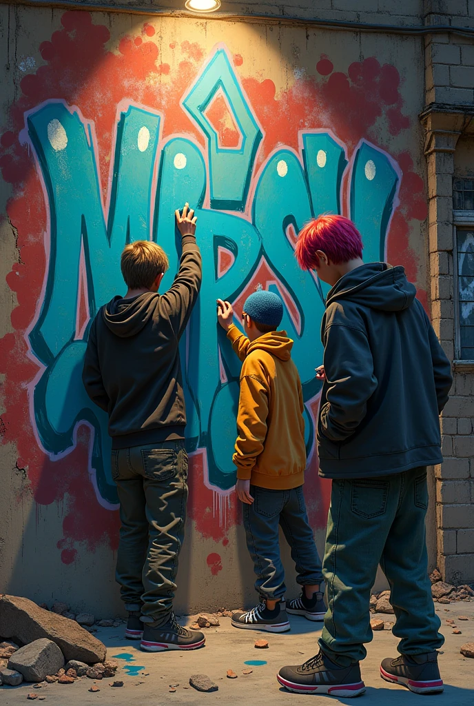 3 teenagers doing graffiti