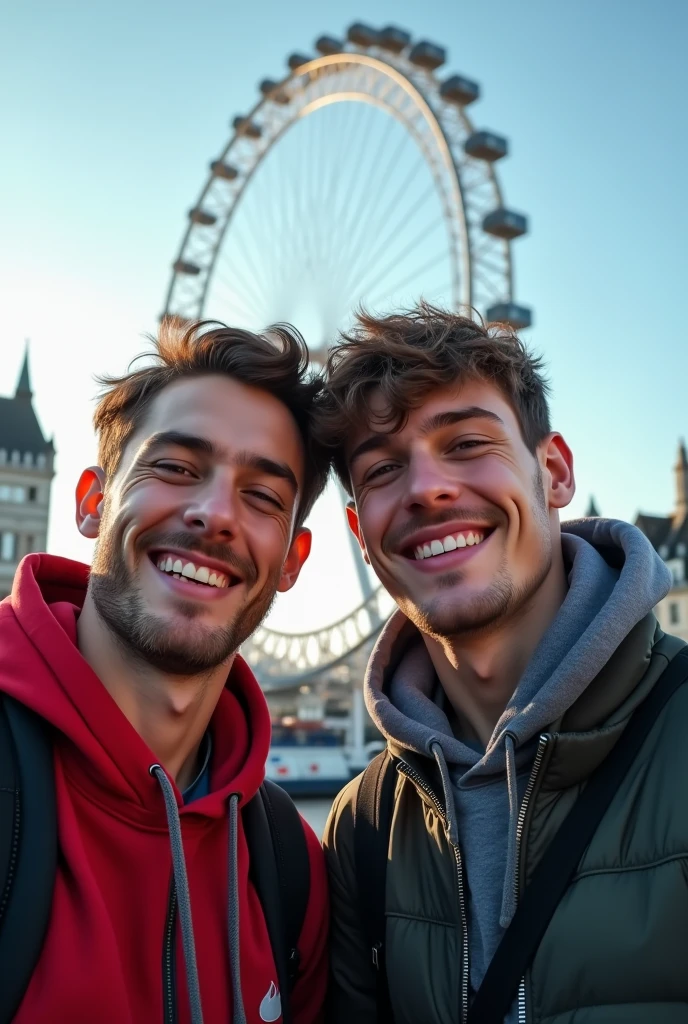 Selfie of a 1young man together with his 1 friend in London in front of the London eye 8k ultra-realistic photorealistic 