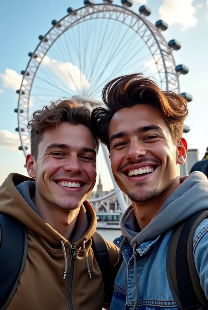 Selfie of a ung man together with his 1 friend in London in front of the London eye 8k ultra-realistic photorealistic