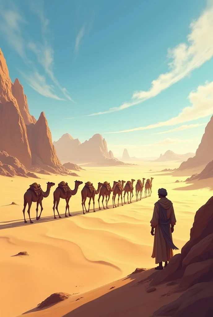 Scenery of the desert with eight camels trolling in the distance and a farmer looking om