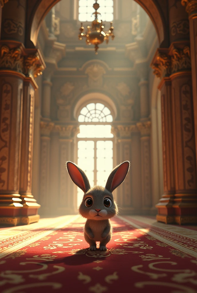 An intrigued rabbit cautiously exploring the lavish corridors of the king's palace, desperate for food.