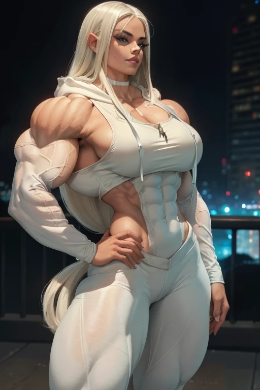 ((Close-up)), tall, (White hair) beautiful muscular cowgirl, long straight hair, light brown skinned, closed smile, (black lipstick), (massive muscles), (hyper muscle), (ginormous bulky muscles), blue eyes, ((white long sleeve hoodie, hood down)), (white exercise pants), choker, sneakers, in Chicago at night, (hands on her hips)