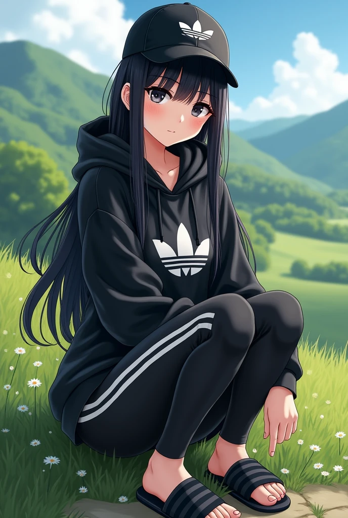 Sexy anime girl, long black hair, black eyes, barefoot, wear black adidas cap, wear black adidas hood, wear black panties, background is countryside