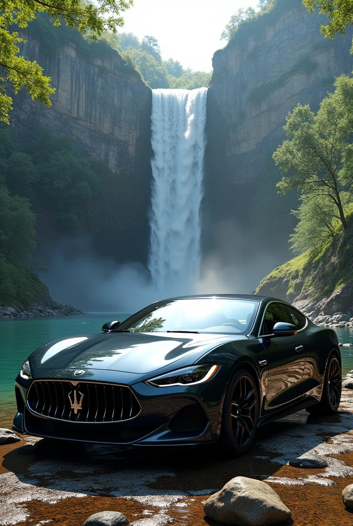 A black car which is infront of waterfall and greeny forest .