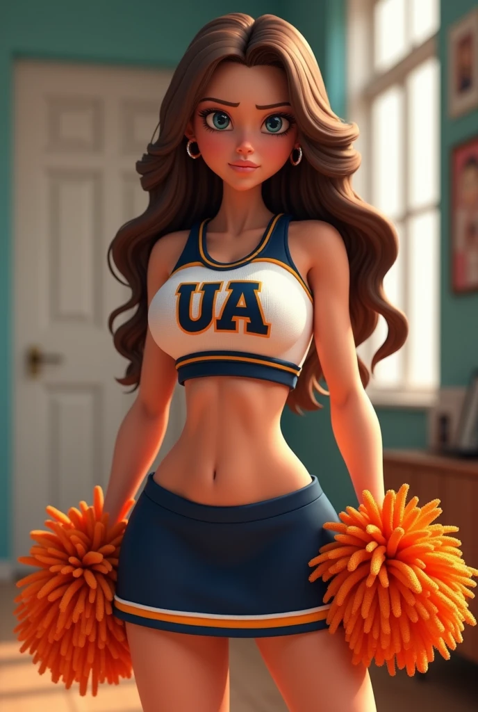 Imagine a girl who is animated and looks real with long brown hair and blue eyes with a big bust and butt and incredible curves who is angry because she was pranked and dressed as a cheerleader. Her top says UA and she has a short skirt and her orange pompoms just like her uniform.