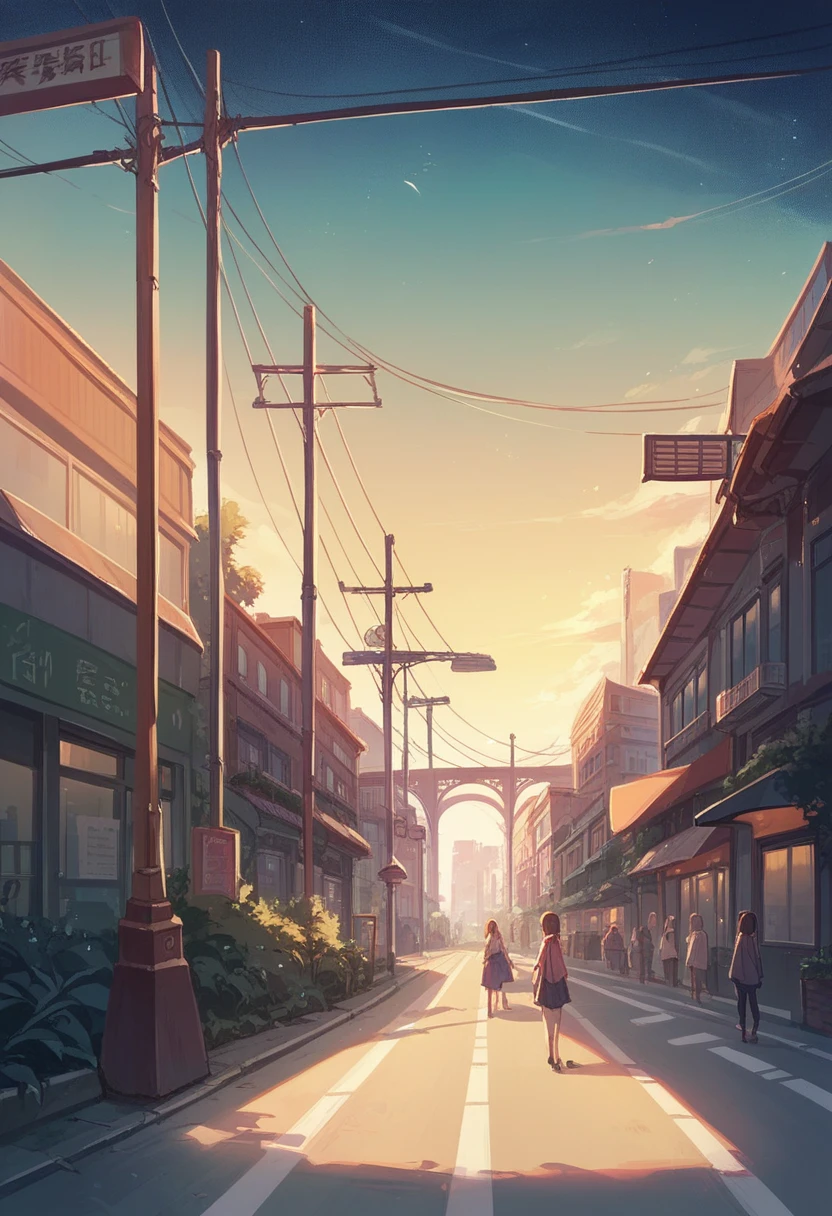 A woman twilight on a pedestrian bridge in the sunset. The sunset is diagonally above. Fantastic night sky. Close-up of upper body. Oblique back view, high quality down to the last detail. Fantastic landscape . People large, (((full body))), playing piano