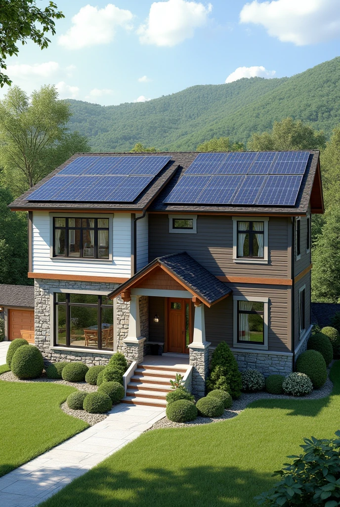 make a drawing design of 2 story residential house with solar panel
