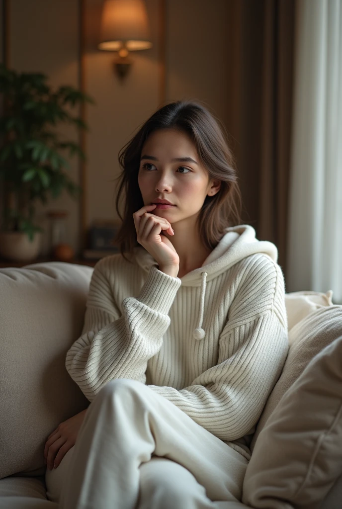 A woman who set on the sofa and wear white hoodie another pose see in camera