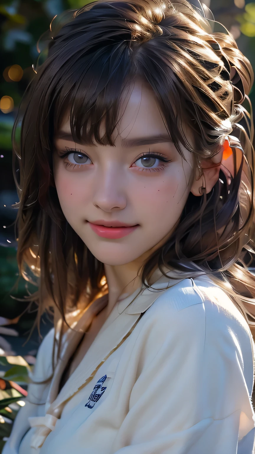(Very delicate and beautiful), 1 person, Robber Girl, bangs, Cute eyes, bow, Brown Hair, Mouth closed, landscape, Hair between the eyes, hair bow, Long sleeve, Looking at the audience, Medium Hair, alone, Short school uniform, ((alone)), (masterpiece), blonde、さまざまな動きのPause、With a smile、mini skirt、Mini shirt、uniform、 Detailed face､Detailed body､Detailed eyes, masterpiece, 最high quality, high quality, High resolution、((Face close-up))､Face close-up､((Pause＿random)), at night forest.