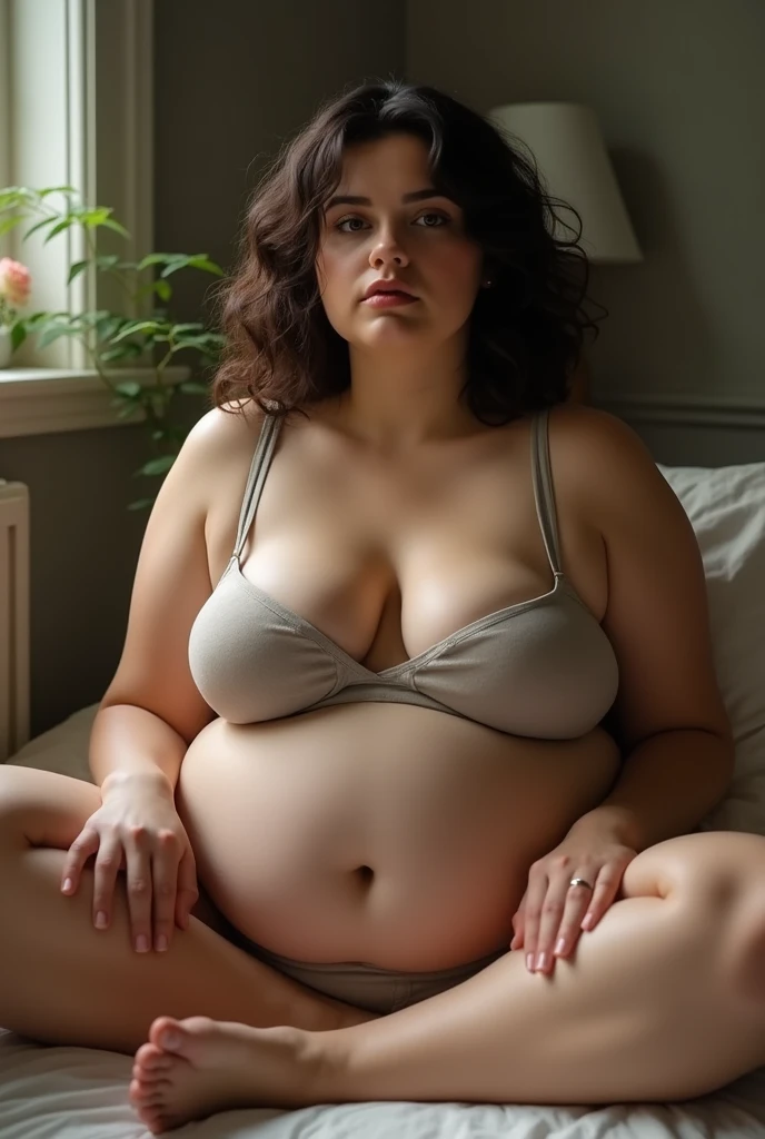 A brunette girl with curly hair and big breasts sits with her legs stretched out, taking a realistic photo