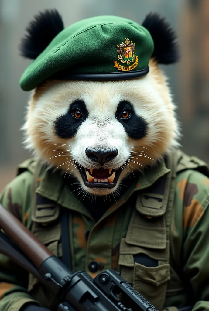 Dressed as a Mexican special forces soldier、Wearing a green beret、A live-action image of a panda with a mean look on its face