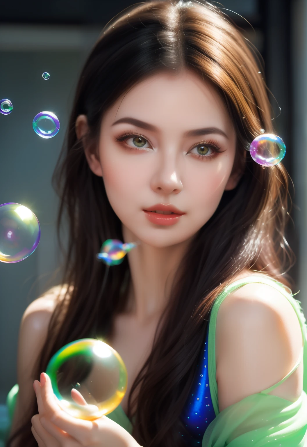 (best quality, masterpiece:1.1),1girl launches soap bubbles,exquisite facial details,complex illustrations,dynamic improvisation,emotion,complex details,chilling,exciting,surreal,extremely detailed,impression:0.1,((Viktor Nizovtsev style)),-with 3:4-750,