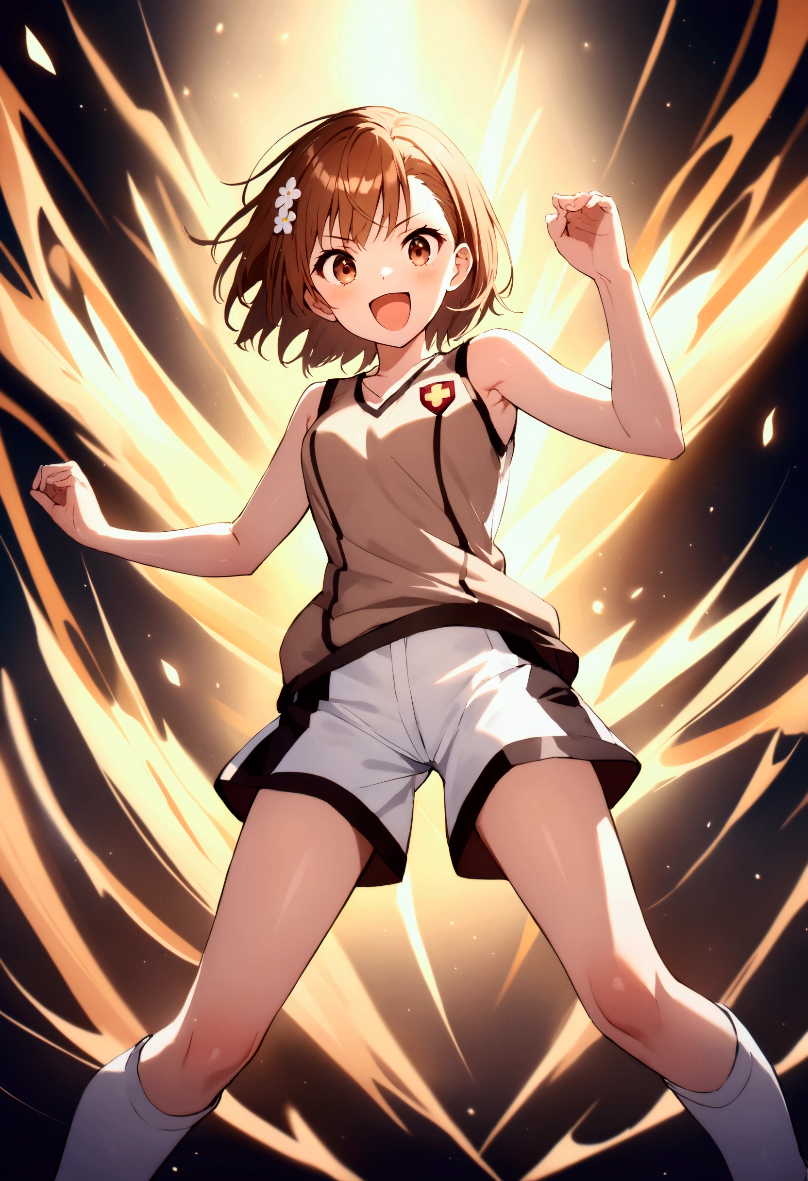Misaka Mikoto、solo、、Tokiwadai Athletics uniform、School emblem、Multicolored Tank Top、Multicolored shorts、White shorts、Loose-fitting clothing、Matching clothes、White shoes、Multicolored shoes、hair ornaments、Brown eyes、Brown Hair、Short Hair、Watching the viewer、Scream、Smile、Medium chest、Are standing、outside、Evasion Pose、Combat Stance、Shooting pose、