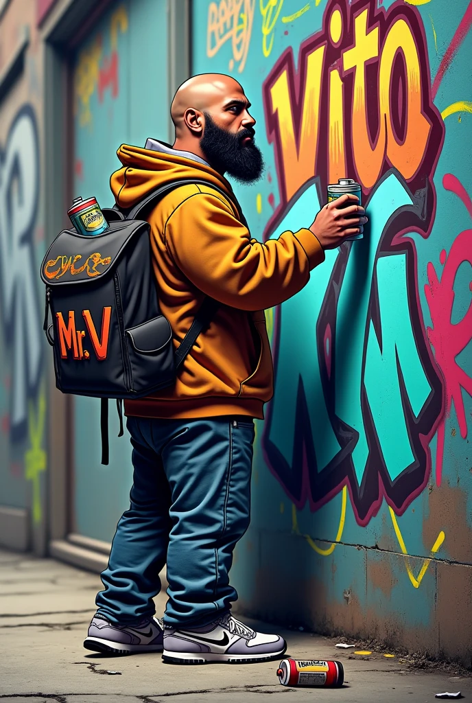 Rapper 3 beard and mustache white bald thick build loose dress hooded sweatshirt Nike sneakers doing graffiti carrying backpack with paint cans and the backpack has Mr V written on it wall with graffiti letters Vito Mc cartoon