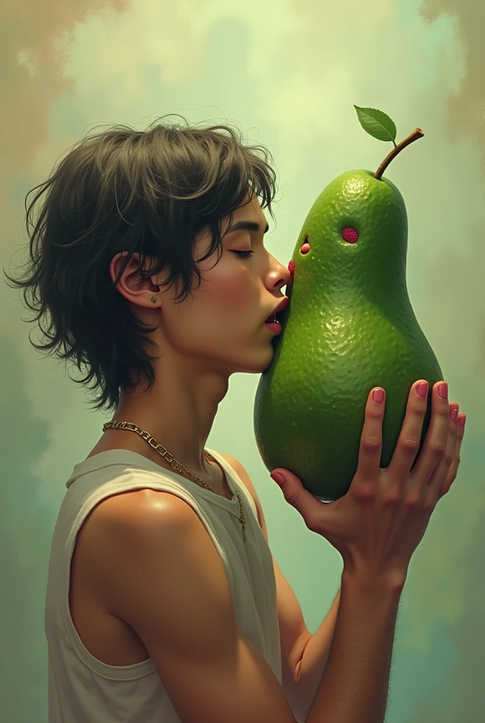 Joji kissing an avocado with lipstick