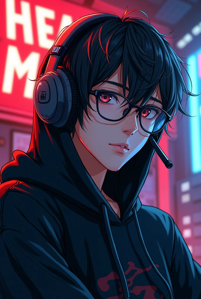 (manga Animation) a handsome boy in a black hoddie and glass and a big gaming microphone in his head and in his background wall writing Heart Of Manga
