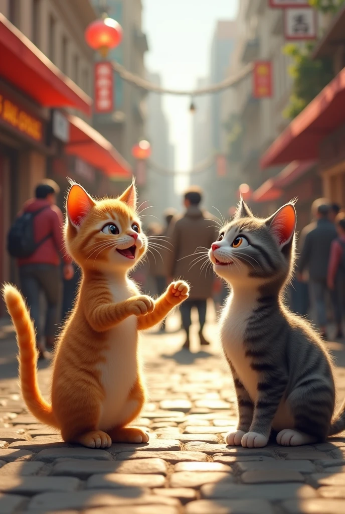 Two cats in the photo, one is talking, the other is listening to him attentively, people are walking around