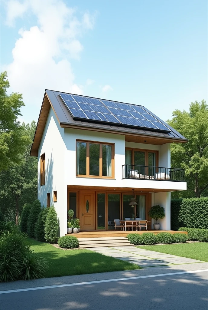 make a drawing design of tory residential house with solar panel and rain induce