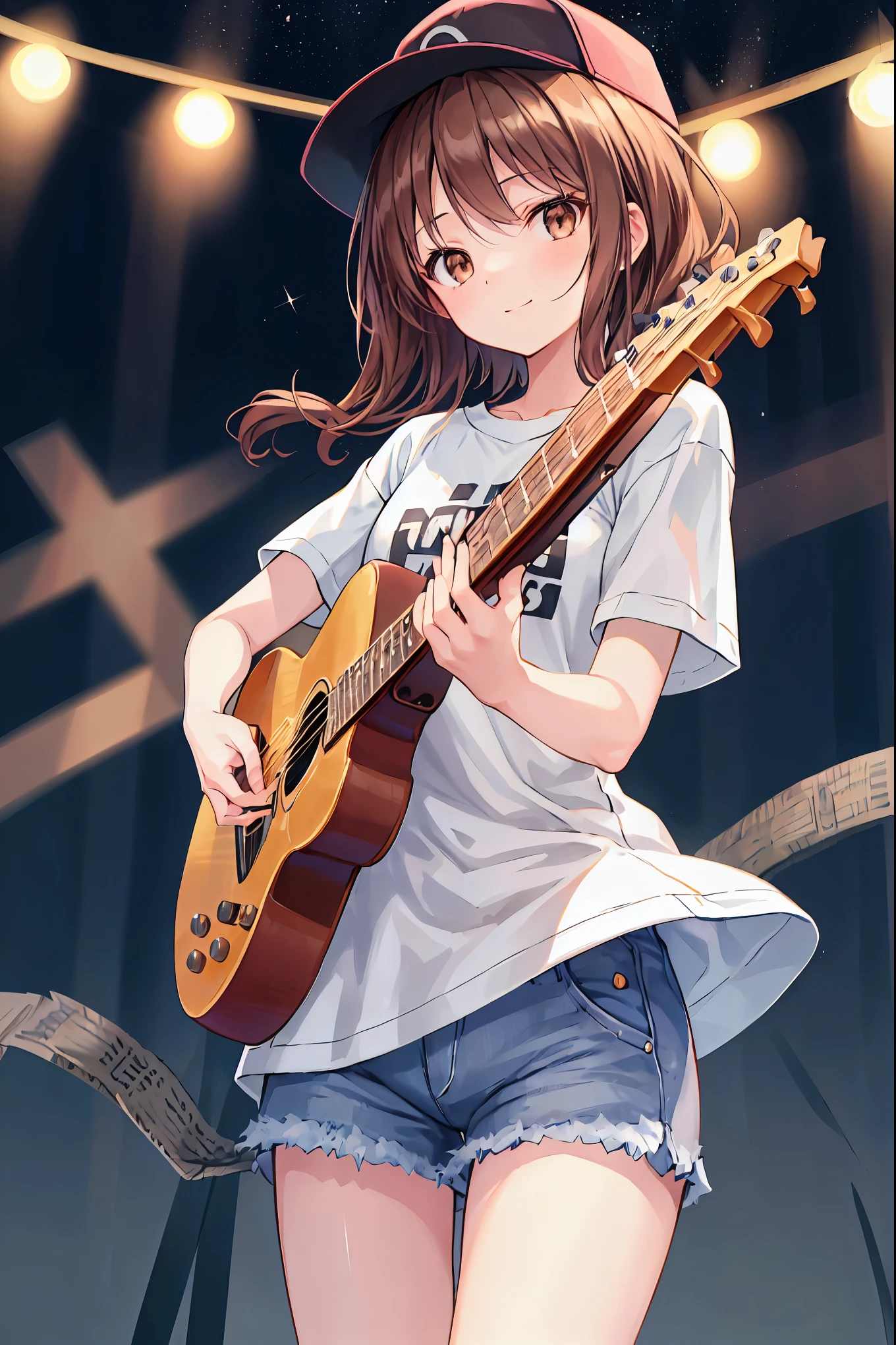 路上でguitarを弾くアニメの，Brown Hair，Shortcuts，Messy Hair，Slender beauty，Hall々A positive attitude，Small box，Beautiful legs，Her enchanting grey-blue eyes shine like stars，meet, Azusa Nakano, , (Brown eyes:1.5),,Baseball cap,Oversized T-shirt,Short sleeve,jeans,short boots,Instrument playing, Stage Performance, Girl Band，hot air,Happy atmosphere,スタンドマイクの前でguitarを弾きながら熱唱,guitar(Red Mustang),On the forehead,Sing with your mouth open,smile,All standing audience,night,moonlight,whole bodyがイラストに入るように,
break outdoors, Area,
break looking at viewer, whole body,
break (masterpiece:1.2), Highest quality, High resolution, unity 8k wallpaper, (shape:0.8), (Beautiful attention to detail:1.6), Highly detailed face, Perfect lighting, Highly detailed CG, (Perfect hands, Perfect Anatomy),