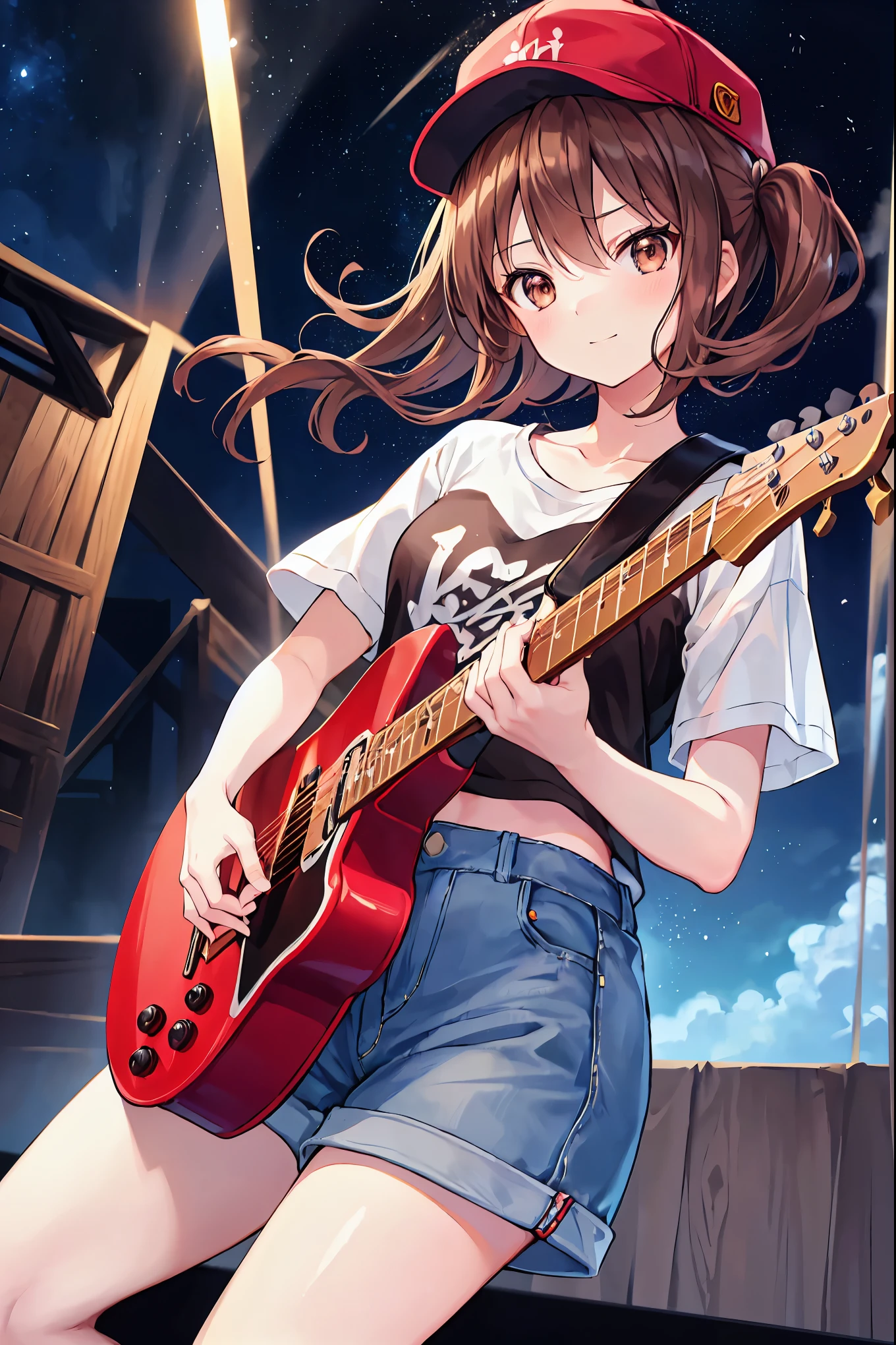路上でguitarを弾くアニメの，Brown Hair，Shortcuts，Messy Hair，Slender beauty，Hall々A positive attitude，Small box，Beautiful legs，Her enchanting grey-blue eyes shine like stars，meet, Azusa Nakano, , (Brown eyes:1.5),,Baseball cap,Oversized T-shirt,Short sleeve,jeans,short boots,Instrument playing, Stage Performance, Girl Band，hot air,Happy atmosphere,スタンドマイクの前でguitarを弾きながら熱唱,guitar(Red Mustang),On the forehead,Sing with your mouth open,smile,All standing audience,night,moonlight,whole bodyがイラストに入るように,
break outdoors, Area,
break looking at viewer, whole body,
break (masterpiece:1.2), Highest quality, High resolution, unity 8k wallpaper, (shape:0.8), (Beautiful attention to detail:1.6), Highly detailed face, Perfect lighting, Highly detailed CG, (Perfect hands, Perfect ???????),