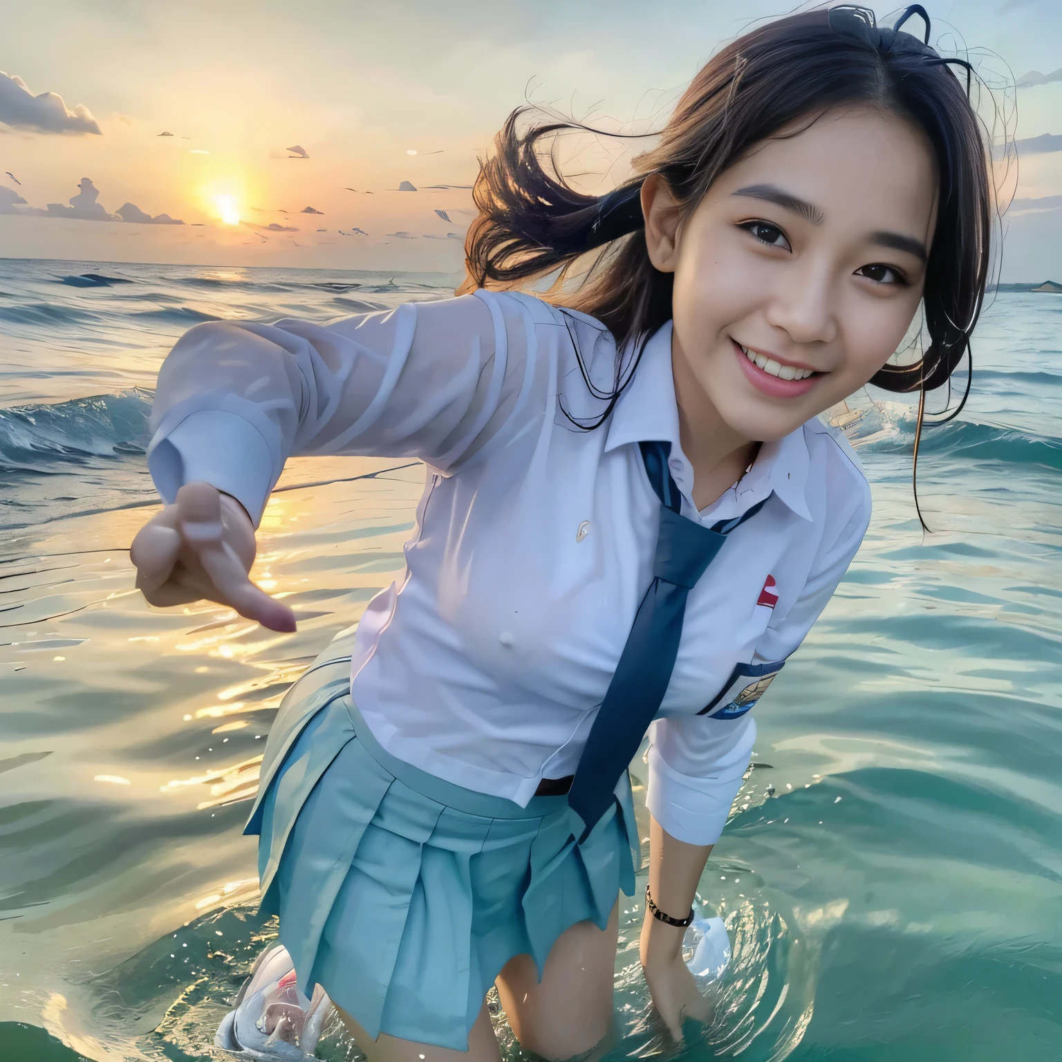 20 yo Indonesian girls in school uniforms playing in the water, at the beach, sunset, twilight hour, magic hour, wet sand, waves, long sleeves, 2 girls, (cardigan), ((loose tie)), ((pleated skirt)), closeup fantasy with water magic, beautiful maidens, playful, (splashing) wearing a skirt made of water, cleavage, photorealistic, dripping wet, in water up to their shoulders, beautiful realistic photo, nymph in the water, hyperrealist portrait at seaside, hyperrealistic fantasy photo, splashing, playing with each other, cute shot, narrow depth of field, 8k, ((drenched)), ((soaked)), (dripping water), dripping oil, heavy clothes, soaked in oil, wet all over, rouge lipstick, wet dripping hair, varied hair, smiling, ((see throug, varied poses, tropical beach