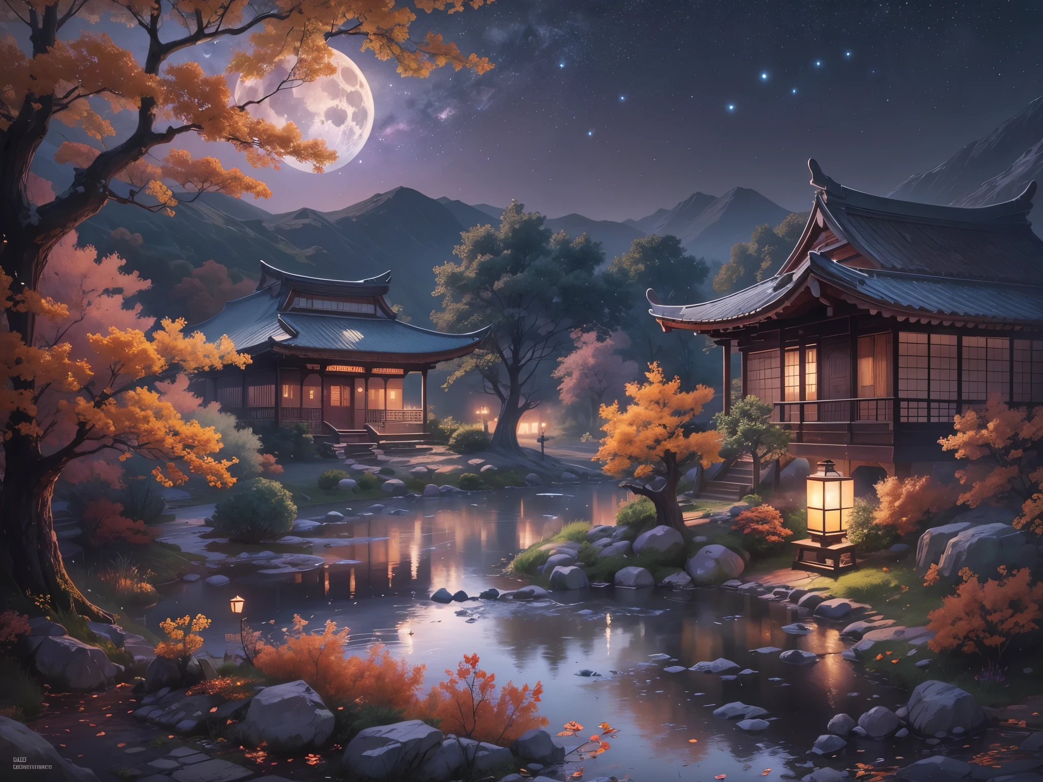 ((Highest quality)),(Ultra-high resolution),(Super detailed),(Detailed Description),((The best CG)),(masterpiece),Highly detailed art,(Art with precise detail:1.5), Mid-Autumn Moon:1.6, Tsukimi sake:1.3, Calm atmosphere:1.8,